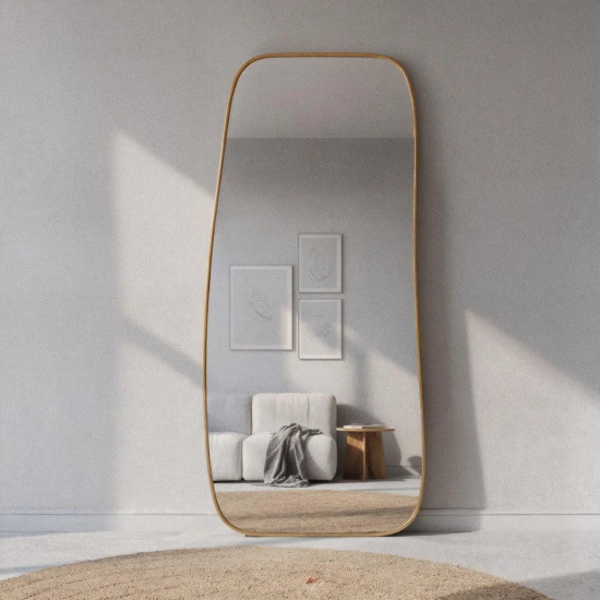 Напольное и настенное большое асимметричное зеркало в полный рост в золотой раме Эдда