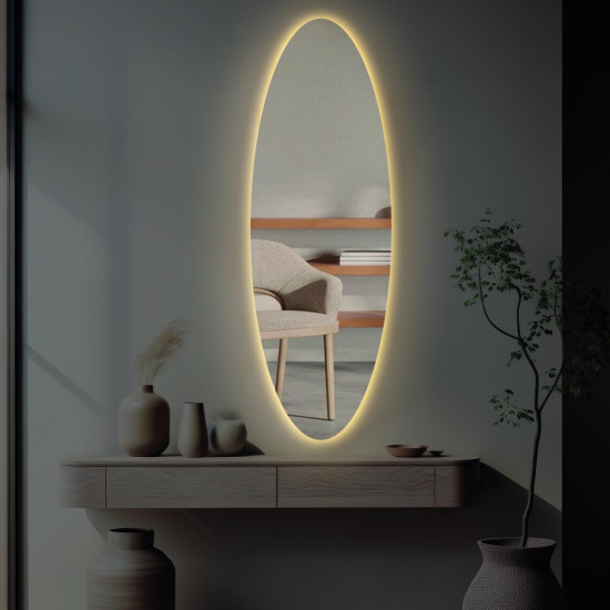 Узкое большое овальное зеркало в полный рост с задней фоновой подсветкой E055