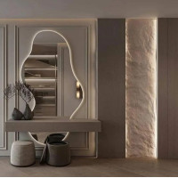 Фигурное большое зеркало с подсветкой в полный рост с вырезом для шкафа, консоли, тумбы E056