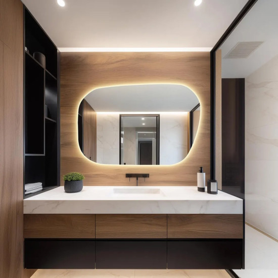 Настенное дизайнерское асимметричное зеркало с контурной подсветкой E090