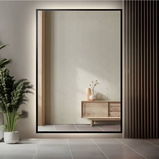 Прямоугольное большое зеркало с задней подсветкой в полный рост в чёрной раме F090