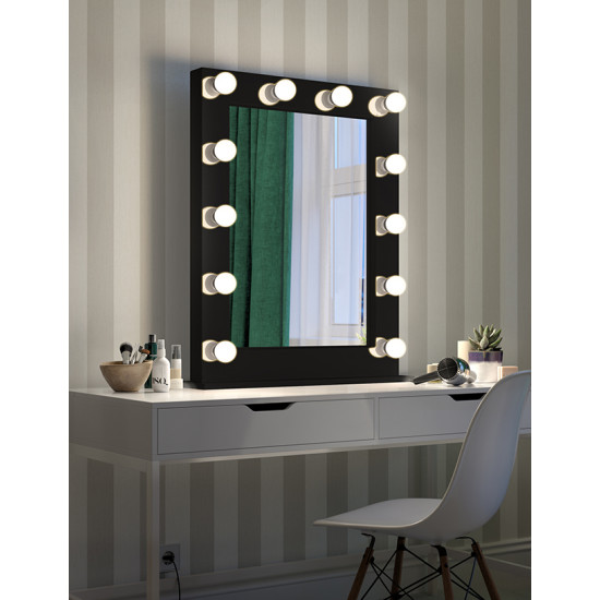 Настольное гримерное зеркало в деревянной чёрной раме с подсветкой лампочками «Эллен»
