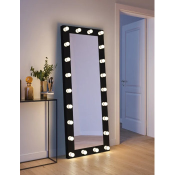 Напольное и настенное большое гримерное зеркало в полный рост с подсветкой лампочками в чёрной раме «Эми»