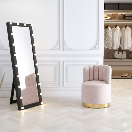 Напольное гримерное зеркало в чёрной деревянной раме с опорой на ногу-подставку Ледио