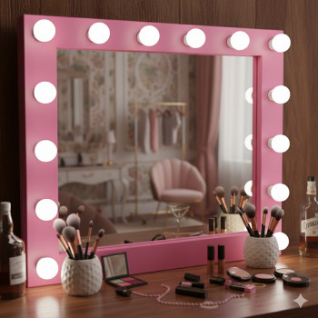 Гримерное зеркало в розовой раме с подсветкой лампочками «Мелинда»