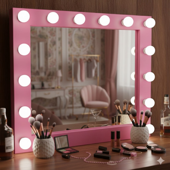 Гримерное зеркало в розовой раме с подсветкой лампочками «Мелинда»