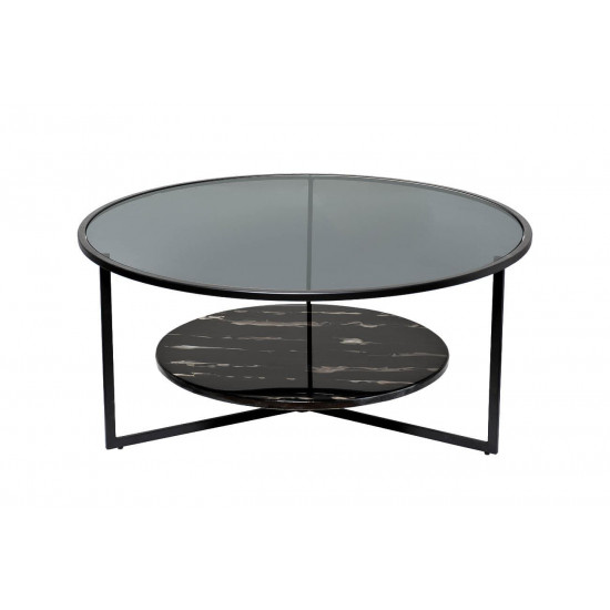 Круглый чёрный журнальный столик с тёмным стеклом и мрамором на металлическом каркасе d90*40см 57EL-CT181A