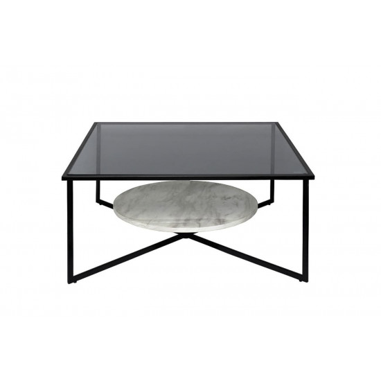 Чёрный квадратный журнальный столик с мрамором и тёмным стеклом на металлическом каркасе 90*90*40см 57EL-CT181C