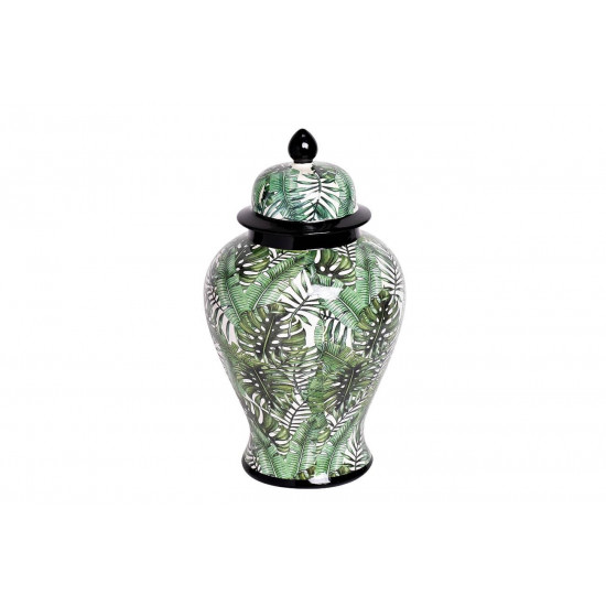 Керамическая ваза с крышкой бело-зелёная принт Листья 20*33см 55RD3112S