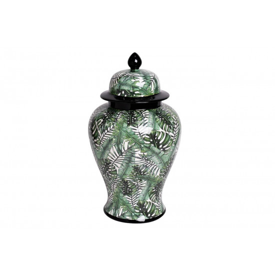 Керамическая ваза с крышкой бело-зелёная принт Листья 22*40см 55RD3112L
