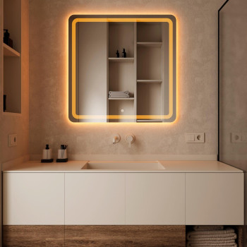 Квадратное зеркало с закруглёнными углами с фронтальной и задней фоновой LED подсветкой Ализе