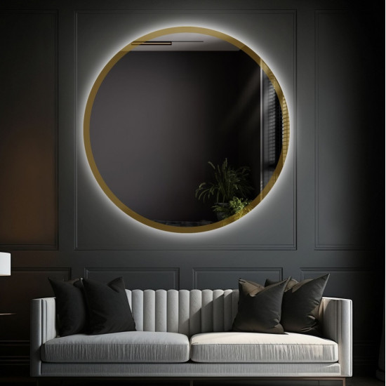 Круглое зеркало с подсветкой в золотой раме из стекла Лакобель-1