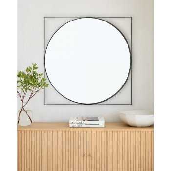 Круглое настенное зеркало в чёрной квадратной раме Минклер