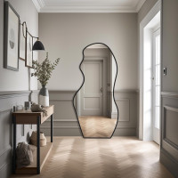 Напольное большое асимметричное нестандартное зеркало в полный рост в черной раме Эрс