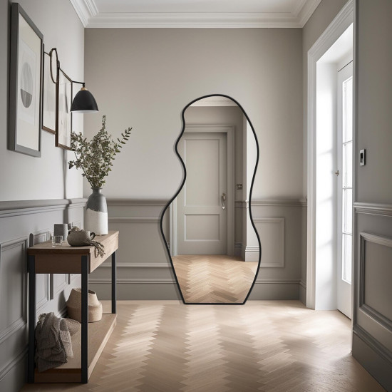 Напольное большое асимметричное нестандартное зеркало в полный рост в черной раме Эрс