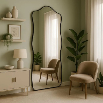 Напольное большое зеркало волнистой формы в чёрной раме Солерно