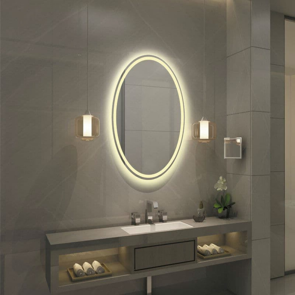 овальный зеркальный шкаф в ванную с подсветкой