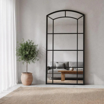 Зеркало-окно в форме арки большое напольное и настенное в чёрной раме RSA016
