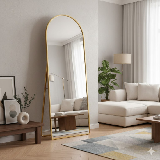 Напольное большое зеркало-арка в полный рост в золотой раме на ножке подставке Голден Лакшери