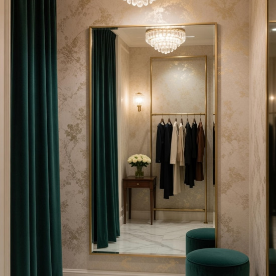 Настенное и напольное большое зеркало в полный рост в латунной раме Амбер Лайт