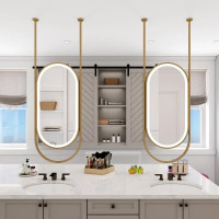 Овальное зеркало капсульной формы в золотой раме с фронтальной подсветкой подвесное к потолку на две металлические штанги Декор 08