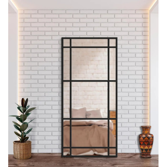 Настенное и напольное большое зеркало-окно в полный рост в чёрной раме Оксфорд