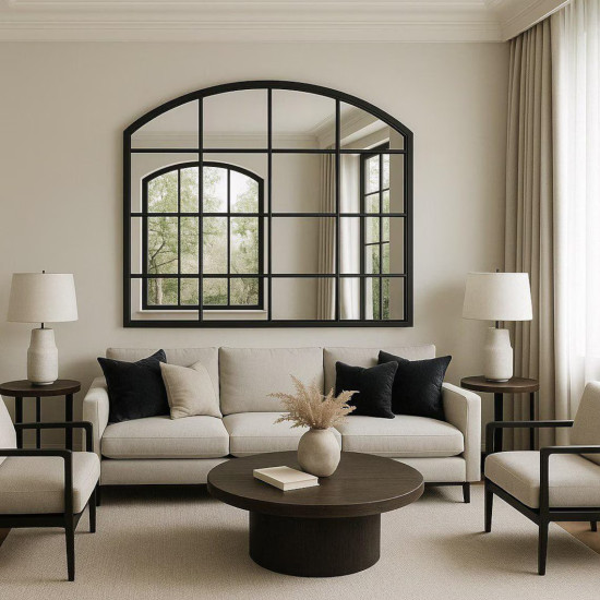 Настенное арочное зеркало в виде окна в чёрной раме Маркус