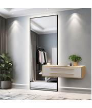 Прямоугольное большое зеркало с подсветкой в полный рост в чёрной раме с вырезом для шкафа, консоли, тумбы F047