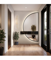 Полукруглое большое зеркало в полный рост с подсветкой в раме из дух частей с вырезом для консоли/шкафа/тумбы F048