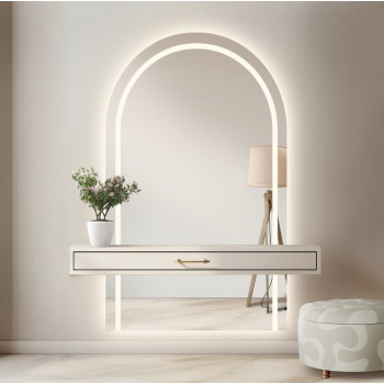 Зеркало-арка из двух частей большое в полный рост с фронтальной и задней подсветкой с вырезом для мебели F170