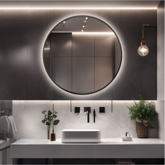 Круглое зеркало с задней декоративной фоновой подсветкой в чёрной раме ...