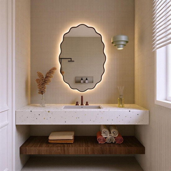 Овальное зеркало в чёрной раме с задней фоновой подсветкой Волна