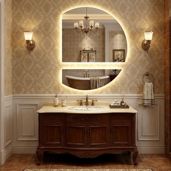 Настенное двойное зеркало в виде обрезанного круга с задней контурной подсветкой Делайт