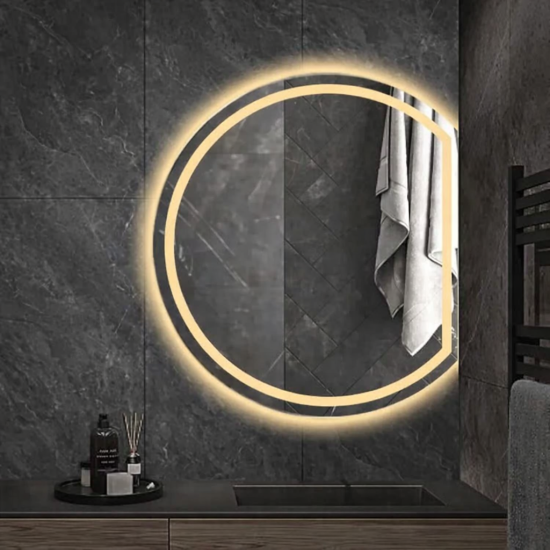 Зеркало в форме обрезанного сбоку круга с фронтальной и задней контурной подсветкой Луна Люкс