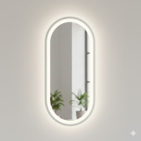 Овальное зеркало-капсула в белой металлической раме с фронтальной и задней фоновой подсветкой Эмерсон
