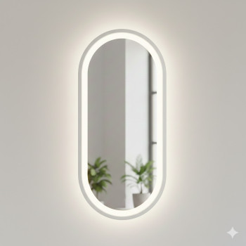 Овальное зеркало-капсула в белой металлической раме с фронтальной и задней фоновой подсветкой Эмерсон