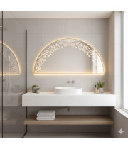 Полукруглое настенное зеркало с пескоструйным узором с подсветкой в золотой раме Эскалада 002