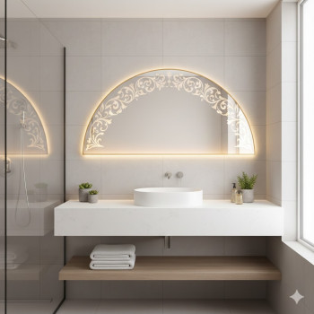 Полукруглое настенное зеркало с пескоструйным узором с подсветкой в золотой раме Эскалада 002