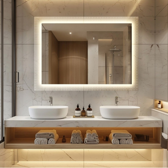 Прямоугольное зеркало на декоративном стекле с тыльной интерьерной подсветкой AG003