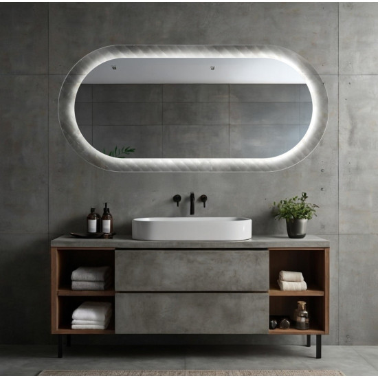 Овальное зеркало капсульной формы на декоративном стеклянном основании с фоновой подсветкой AG004