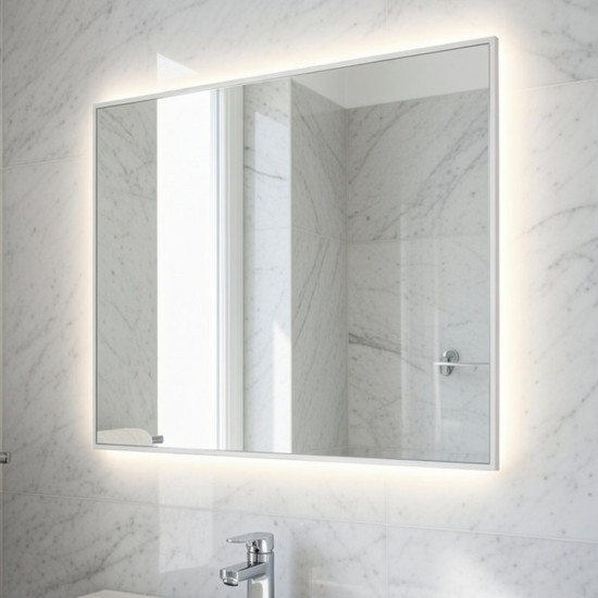 Прямоугольное зеркало с задней интерьерной эмбилайт подсветкой в белой алюминиевой раме Рэфорд 4