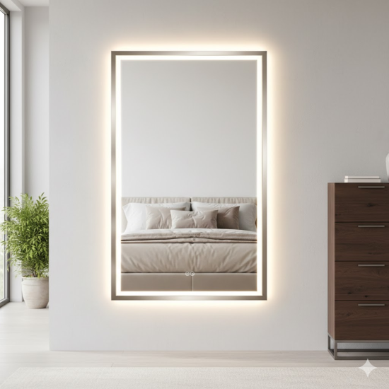 Зеркало с фронтальной и задней фоновой подсветкой в алюминиевой раме Никель RF015