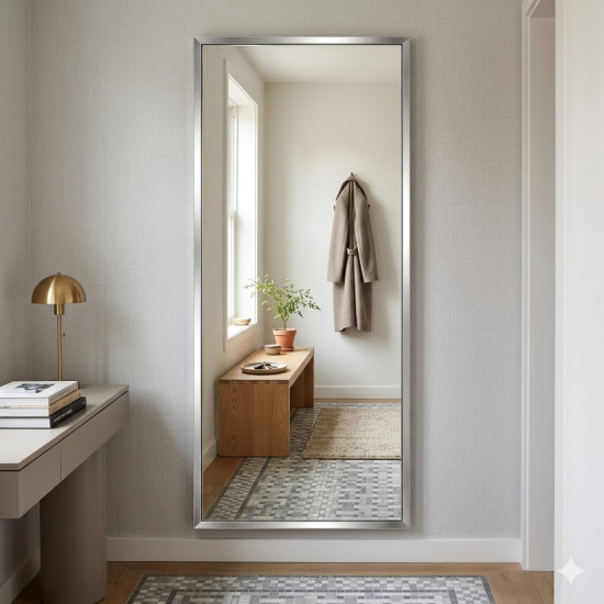 Настенное и напольное большое зеркало в полный рост в алюминиевой раме Хром RF016