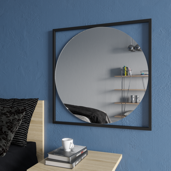 Круглое зеркало в квадратной черной металлической раме Квадрум
