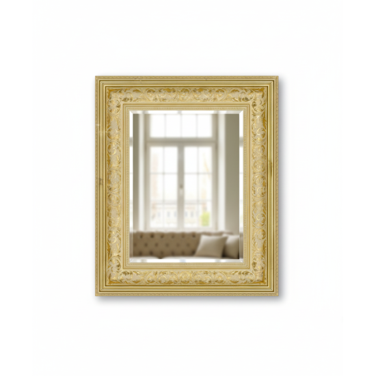 Настенное зеркало с фацетом в золотой пластиковой раме с бежевым оттенком Азалия 002 