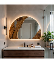 Полукруглое зеркало с фоновой подсветкой с декором ручной работы из натурального деревянного слэба MS002