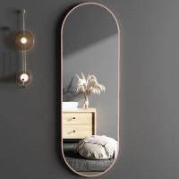 Овальное настенное зеркало-капсула в полный рост в розовой раме N027