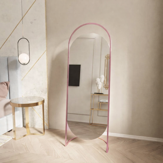 Овальное напольное зеркало-капсула на подставке в розовой металлической раме Элва
