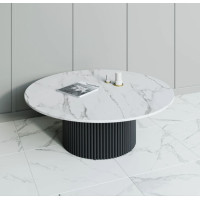 Круглый журнальный стол на чёрном металлическом трубчатом подстолье со столешницей из ЛДСП Белый мрамор BN048 диаметр 120 см