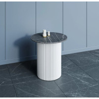 Круглый журнальный столик со столешницей из ЛДСП цвета Тёмный мрамор с белым трубчатым металлическим подстольем BN055 D60 см